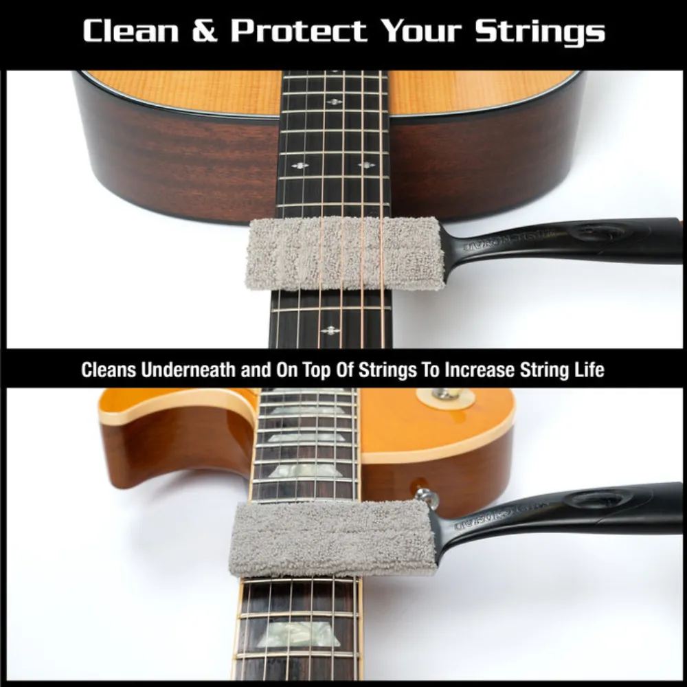 Cleans underneath and on the top of strings to increase string life.