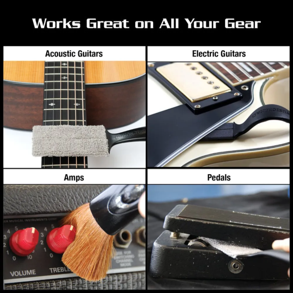 Works great on Acoustic Guitars, Electric Guitars, Amps, and Pedals.