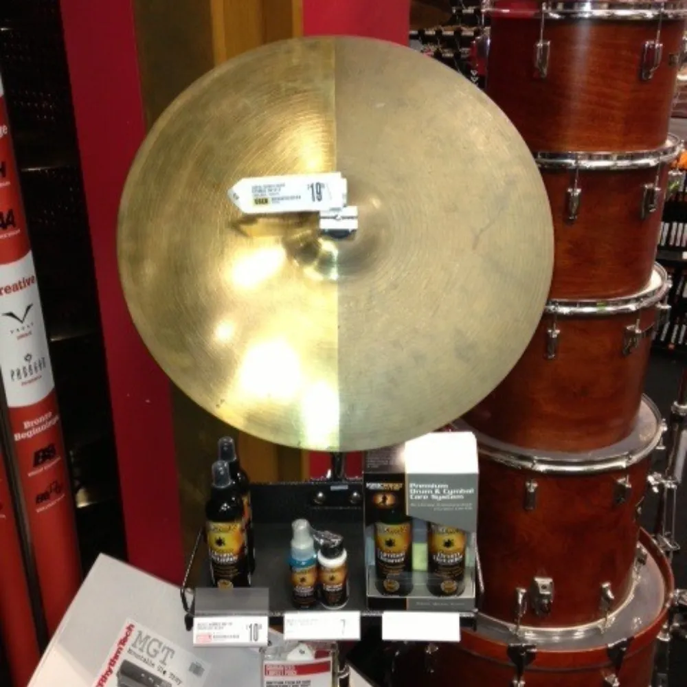 Cymbal Cleaner before and after to polish and clean