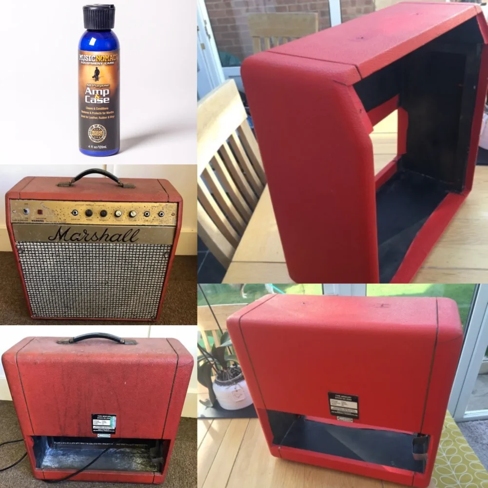 Before and after shot restoring this red vintage marshall amp